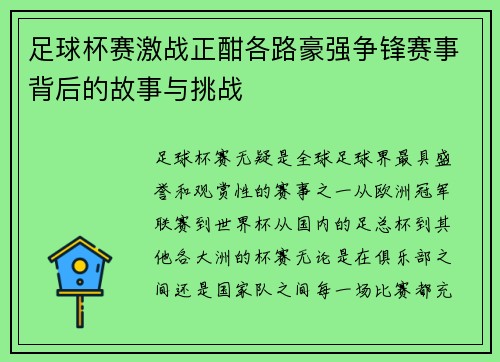 足球杯赛激战正酣各路豪强争锋赛事背后的故事与挑战