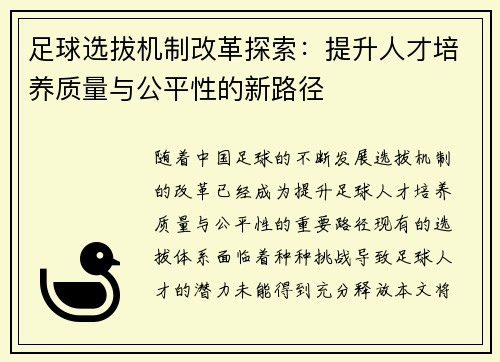 足球选拔机制改革探索：提升人才培养质量与公平性的新路径