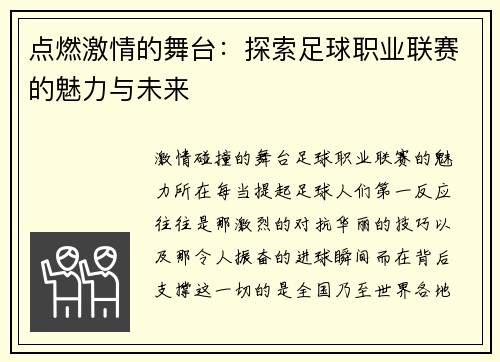 点燃激情的舞台：探索足球职业联赛的魅力与未来