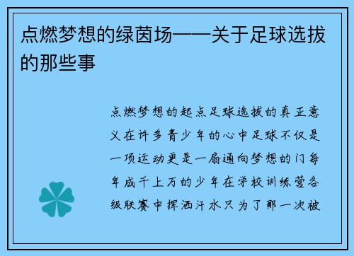点燃梦想的绿茵场——关于足球选拔的那些事