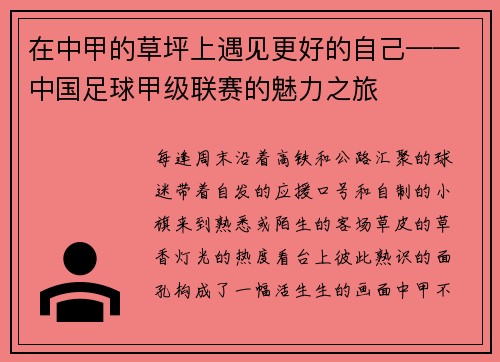 在中甲的草坪上遇见更好的自己——中国足球甲级联赛的魅力之旅