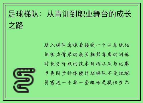 足球梯队：从青训到职业舞台的成长之路
