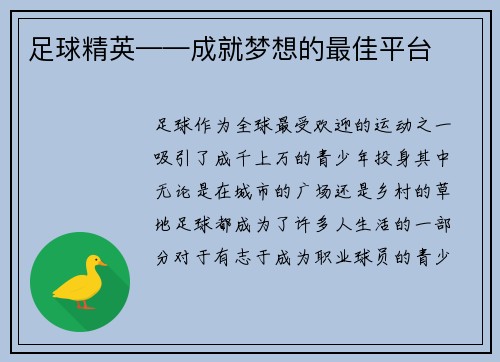 足球精英——成就梦想的最佳平台