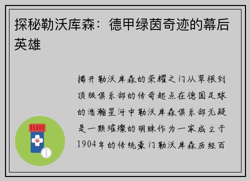 探秘勒沃库森：德甲绿茵奇迹的幕后英雄