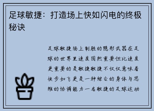 足球敏捷：打造场上快如闪电的终极秘诀